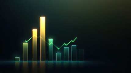 Business graph. Bar chart with glowing bars. Financial growth and positive market trends. Ideal for finance, stock market analysis, business growth presentation background.