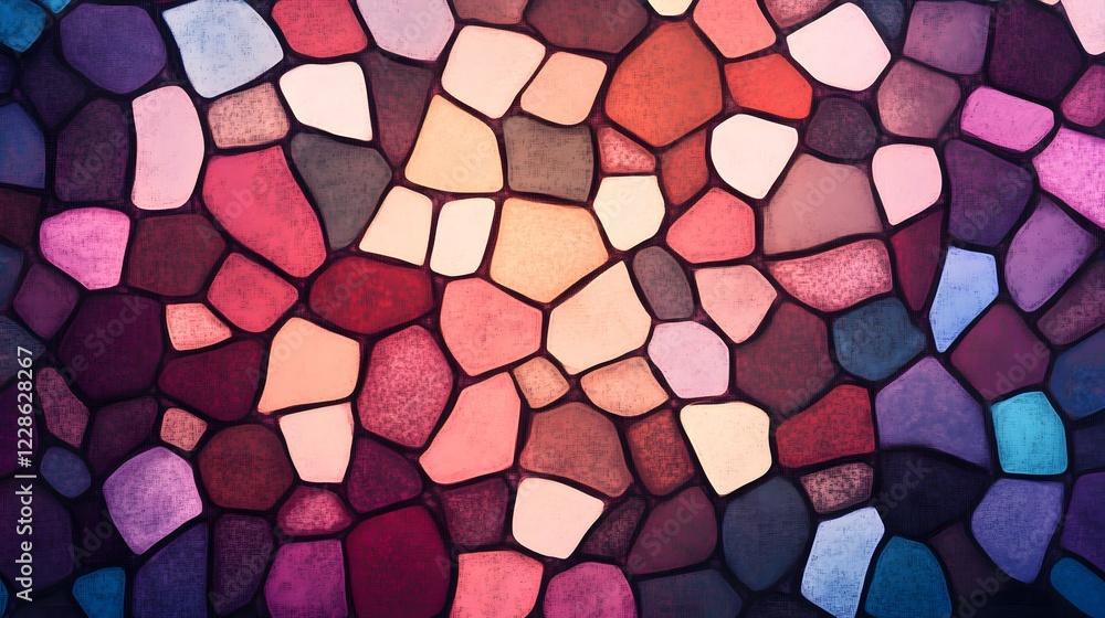 Poster a vibrant stained glass mosaic featuring interlocking patterns and colors, perfect for artistic proj