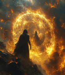 Fierce Warrior Confronts Magical Witch in Fiery Battle on Volcanic Peak