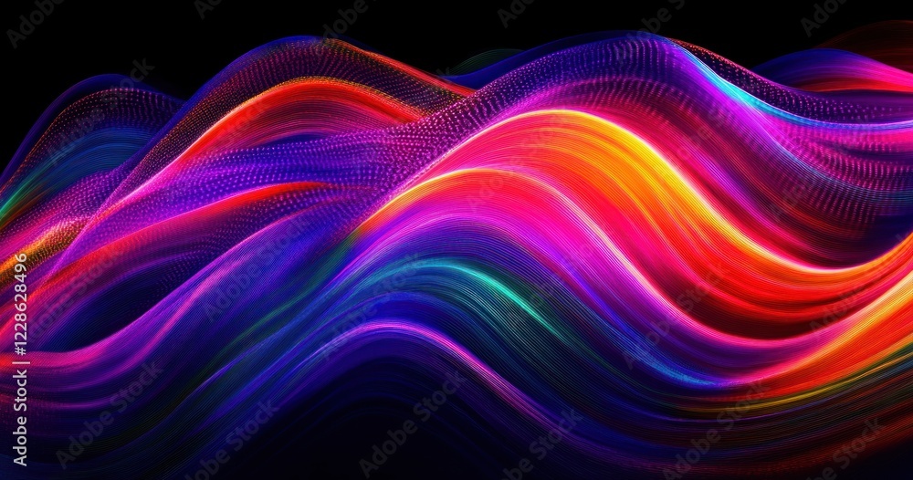 Poster vibrant abstract neon wave pattern with dynamic lines on black background