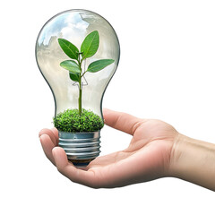 A hand holding a light bulb with a plant growing inside, symbolizing eco-friendliness.