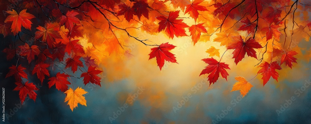 Poster autumn maple leaves colorful background with sunlight and bokeh effects