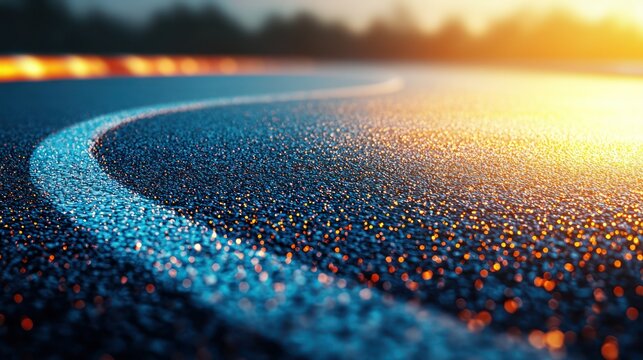 Wet asphalt racetrack curve at sunset with blurred background