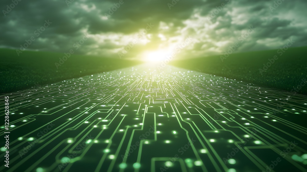 Poster a digital circuit board path leading to an abstract destination, ideal for technology and innovation