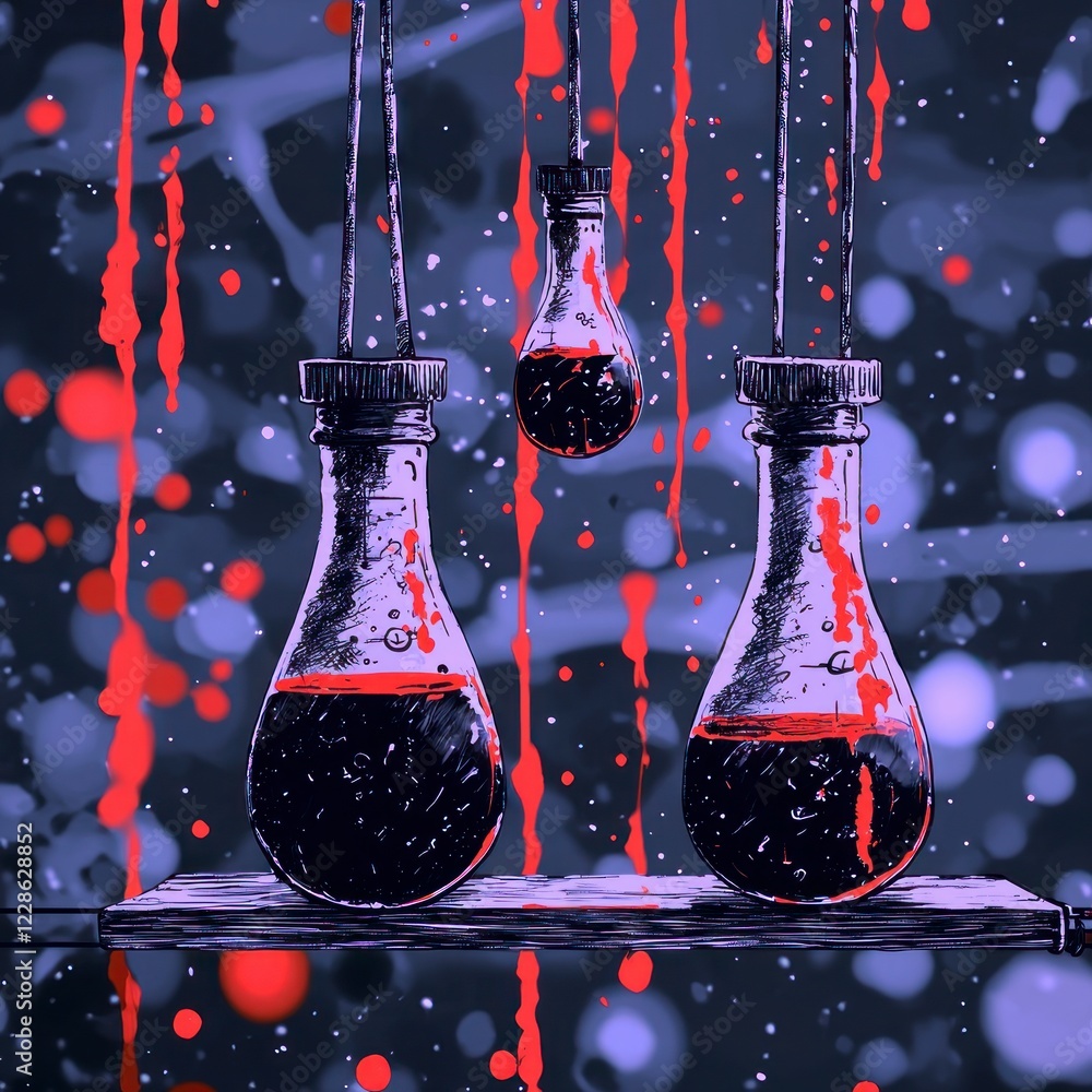 Poster abstract science experiment hanging flasks red liquid dark background