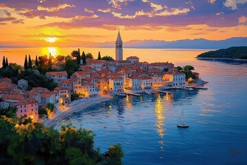 Fototapeta premium Aerial View of Rovinj at Sunset Vibrant Coastal Town Impressionism