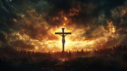 Jesus on the cross as the earth splits open, the ground shaking beneath the crowd, storm clouds swirling in the darkened sky, the moment charged with grief and tension, cinematic lighting,