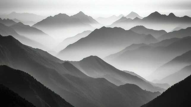 Serene black and white mountain landscape with layered peaks and misty valleys at dawn