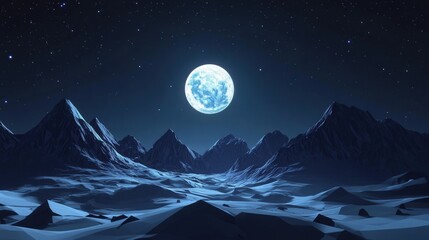 A serene night landscape featuring a bright full moon illuminating snowy mountains under a starry sky