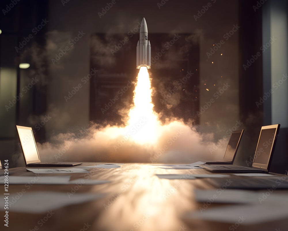 Poster a rocket launching from a conference table, symbolizing innovation and technology in a business sett