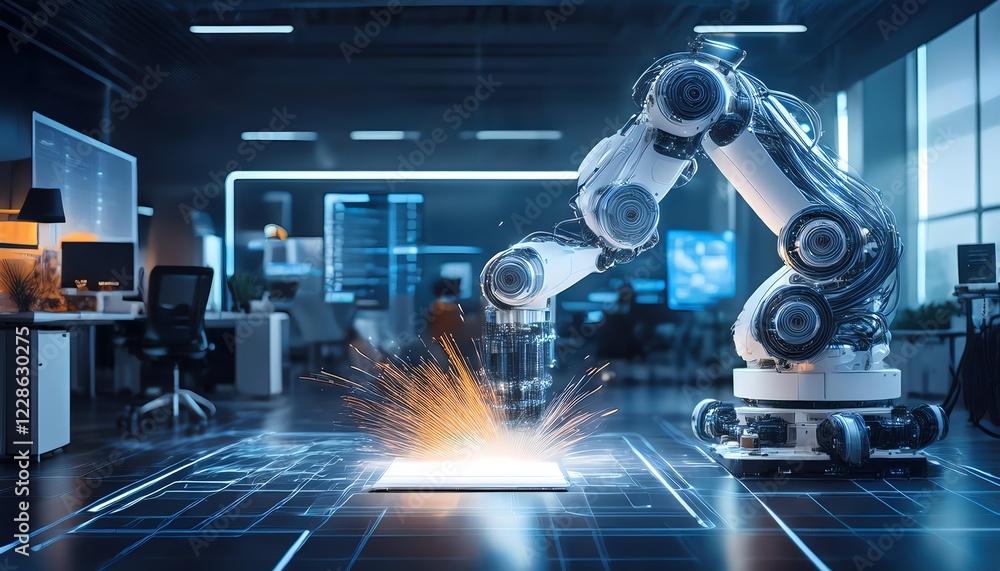 Poster a robotic arm works in a high-tech environment, producing sparks as it interacts with a surface, sho