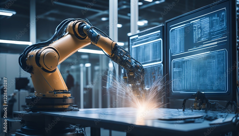 Poster a robotic arm works on a table, producing sparks, surrounded by screens displaying code in a modern 