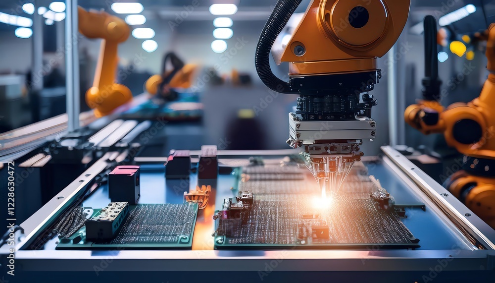 Poster a robotic arm works on a circuit board in a high-tech manufacturing environment, showcasing automati