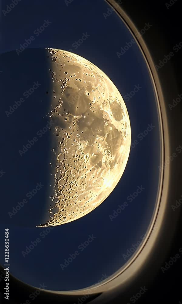 Poster half-moon viewed from spaceship window, dark space
