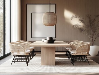 Minimalist Dining Room Scene with Wooden Table and Woven Chairs in Scandinavian Design Style