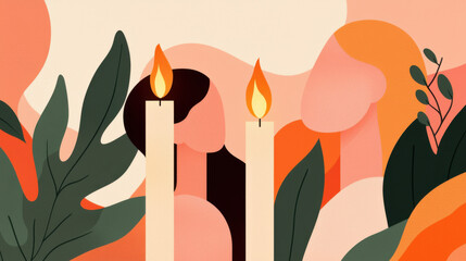 Two lit candles are surrounded by vibrant, abstract shapes and green foliage, creating a warm and inviting atmosphere.