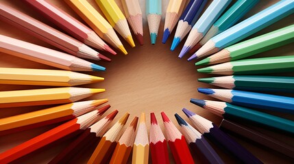 Assorted colored pencils arranged in a circular wheel pattern