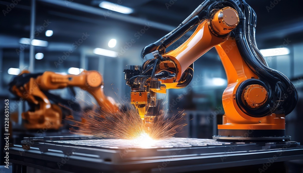 Poster a robotic arm performs precision welding in a modern industrial setting, creating sparks and showcas