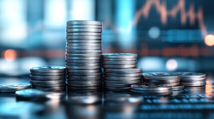 Stacks of coins and financial market graph displays fluctuations in the background. Concept of financial growth, wealth accumulation, investment growth, savings strategies