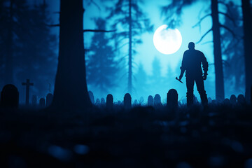 mysterious graveyard scene with silhouette holding axe, surrounded by tombstones under full moon. eerie atmosphere evokes sense of suspense and intrigue