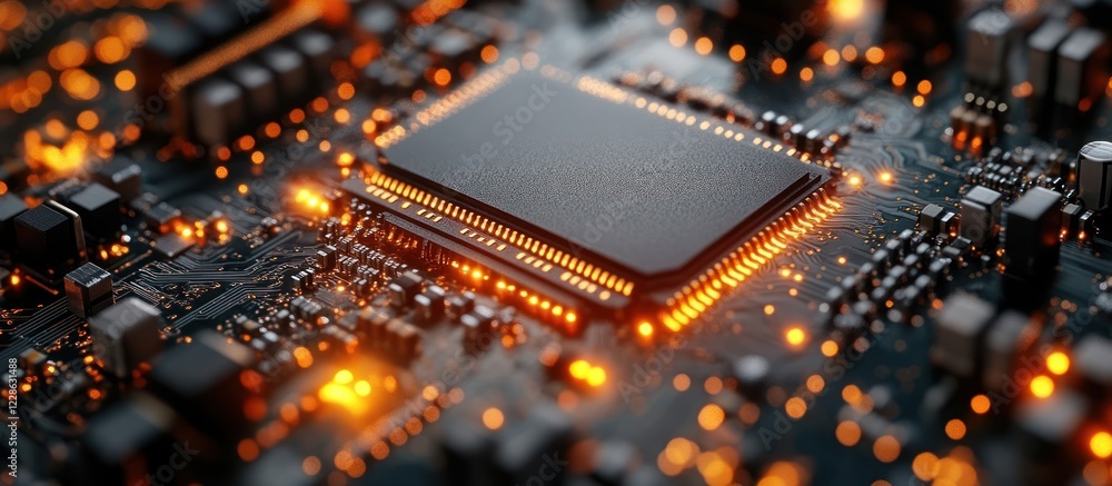 Poster close-up of illuminated microchip on circuit board.