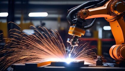 A robotic arm welding metal, producing bright sparks in a workshop setting, showcasing advanced automation and precision in manufacturing.