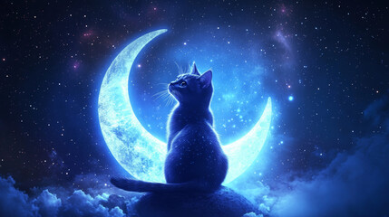 cat with galaxy patterns gazes at glowing moon in starry night sky, creating serene and magical atmosphere