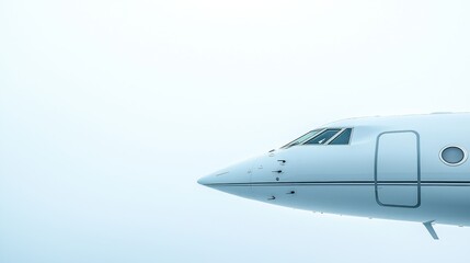 White jet nose against misty sky, ready for takeoff