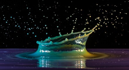 Abstract Liquid Splash Teal Yellow Water Droplet Impact Macro Photography