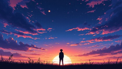 A digital illustration showcasing a lone figure standing silhouetted against a vibrant sunset sky filled with colorful clouds