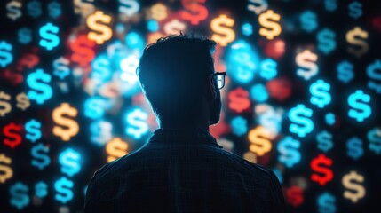 Man standing in front of a blurred digital display filled with glowing dollar signs. Financial opportunities, economic decisions, wealth management, financial decision-making, investment concept