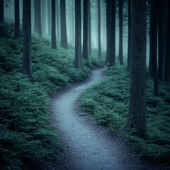 Fototapeta premium Mystical Forest Trail Foggy Woodland Path Winding Road Nature Scene