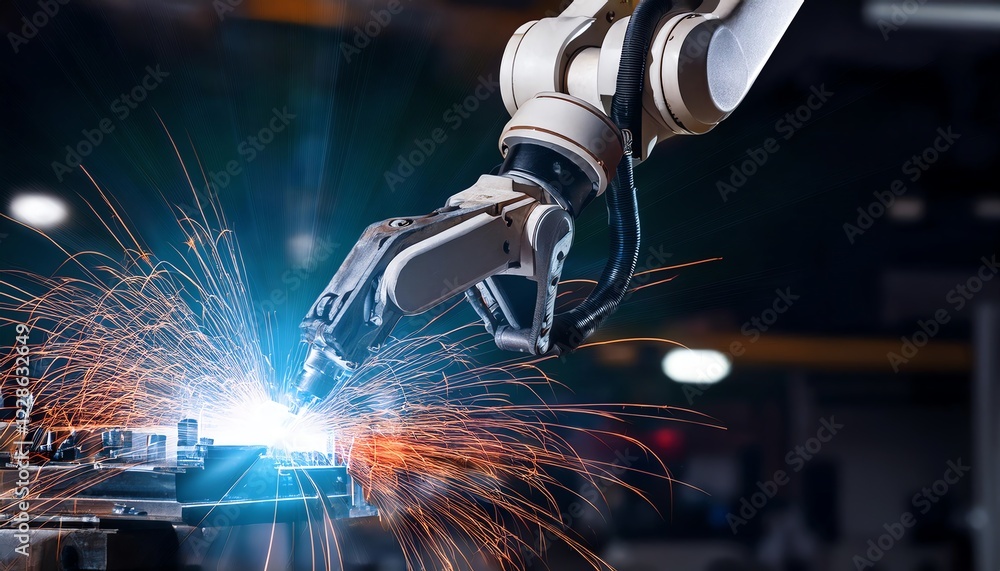 Aufkleber a robotic arm performs welding, creating sparks in an industrial setting, showcasing advanced automa