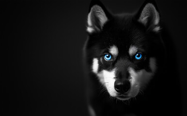 Fototapeta premium striking black and white macro photograph of husky with captivating blue eyes, showcasing its intense gaze and unique features. image evokes sense of mystery and allure