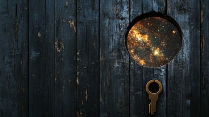 keyhole revealing galaxy, surrounded by dark wooden texture, evokes sense of mystery and wonder. cosmic scene invites exploration and imagination