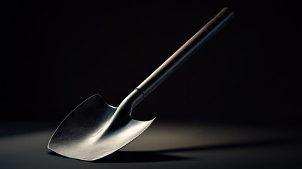 Metal shovel, dark background, construction tool