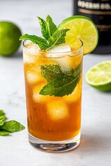 Refreshing Iced Tea Cocktail with Lime and Mint Garnish: A Close-Up View of a Summer Beverage