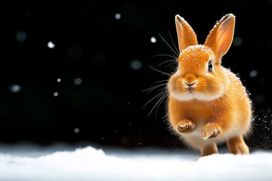 cute little lop eared rabbit hops through snow, its fur dusted with white flakes, creating joyful winter scene. playful expression adds to charm of this adorable animal