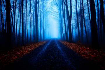 Fototapeta premium dark, wintry forest road shrouded in fog, evoking sense of mystery and solitude. eerie blue tones and fallen leaves create haunting atmosphere