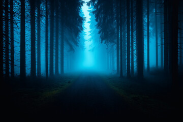 Fototapeta premium dark, wintry forest road shrouded in fog, evoking sense of mystery and tranquility. tall trees create serene atmosphere, inviting exploration into unknown