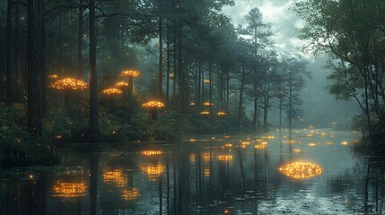 Fototapeta premium Glowing mushrooms illuminate a misty forest river at dawn; fantasy background