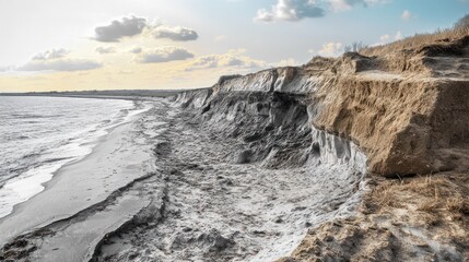 Eroded coastal cliff with sandy beach and overcast sky.