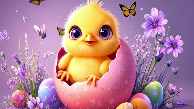Cute yellow chick in pink eggshell surrounded by colorful flowers and easter eggs Happy Easter