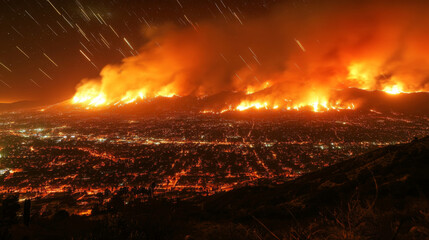 dramatic time lapse photograph capturing wildfire engulfing mountainous area at night, with flames illuminating landscape and smoke billowing into sky
