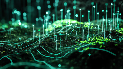 Digital landscape with glowing lines and green elements, representing data networks and connections. scene evokes sense of technology and innovation