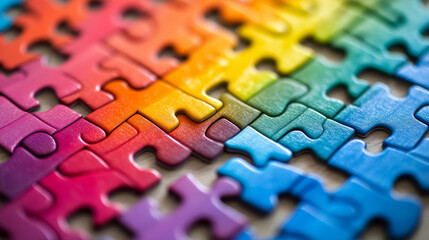 Colorful puzzle pieces arranged in rainbow pattern, showcasing vibrant hues and intricate designs. This captures joy of problem solving and creativity