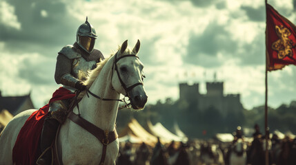 knight in armor rides white horse during medieval jousting event, with castle in background and colorful banners waving in breeze, creating vibrant historical scene