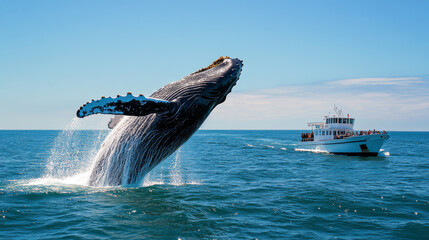 Fototapeta premium humpback whale breaches dramatically near boat filled with spectators, showcasing its immense size and grace against clear blue sky. scene captures beauty of marine life and excitement of whale