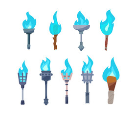 A set of vector torches with blue flames and magical sparks on a white background