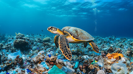 sea turtle swims gracefully through polluted ocean filled with plastic waste, highlighting urgent need for environmental conservation and awareness